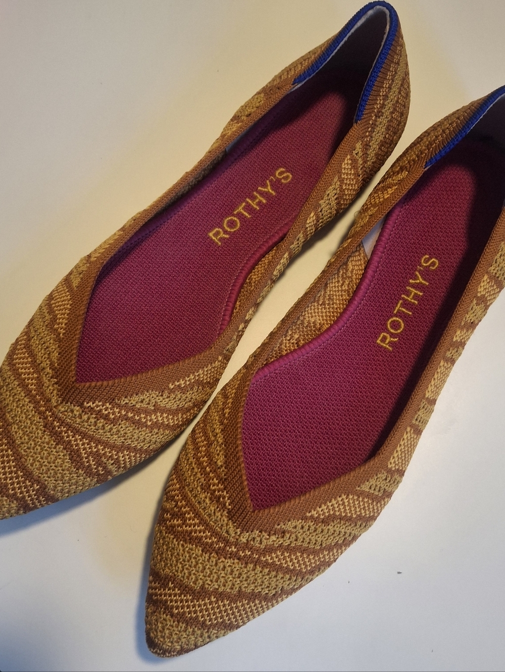 Rothy's Mustard and Brown Pointed Knit Flats with Magenta Insole